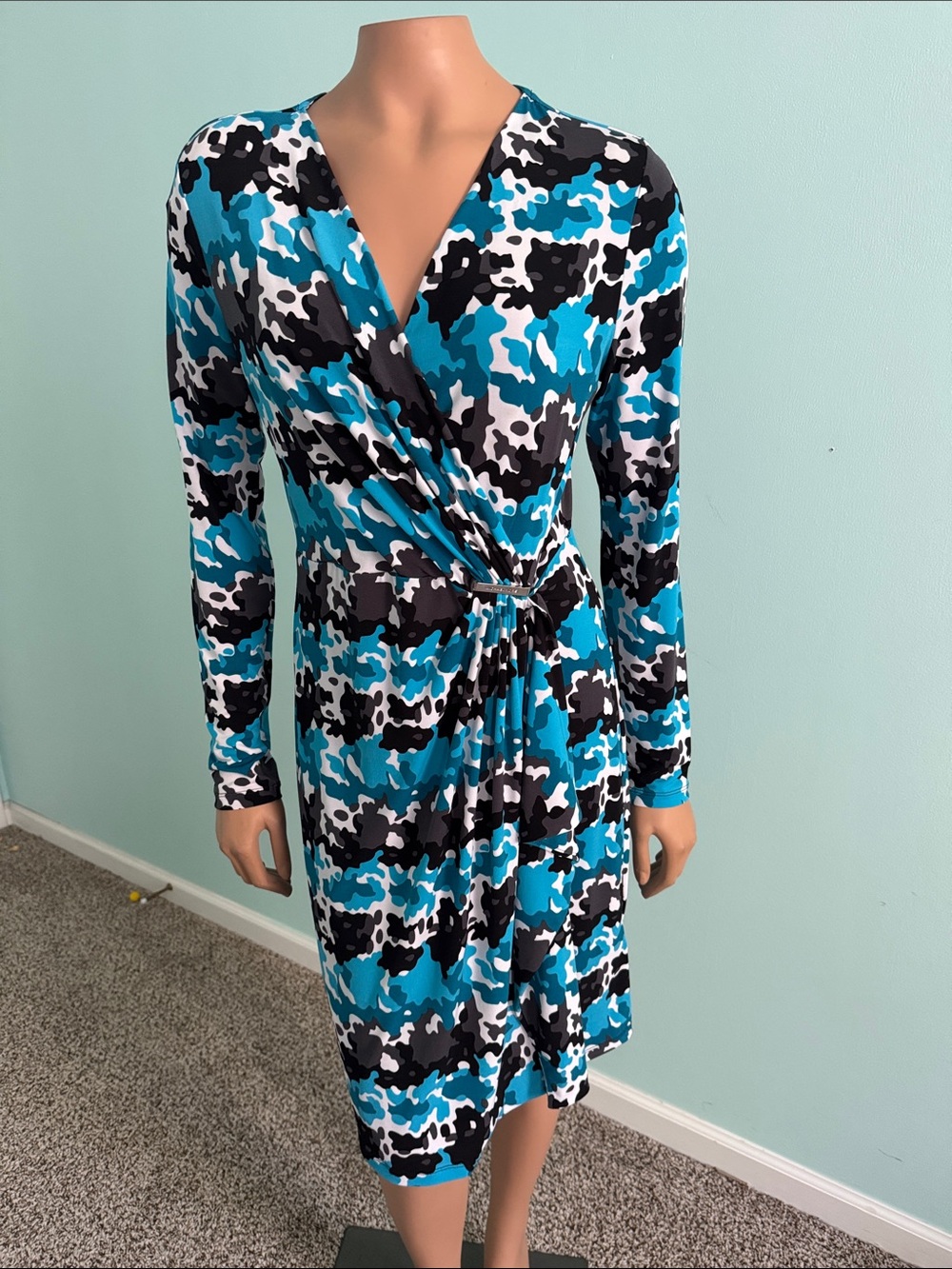 Michael Kors Teal Black White Camouflage Wrap Dress size M
